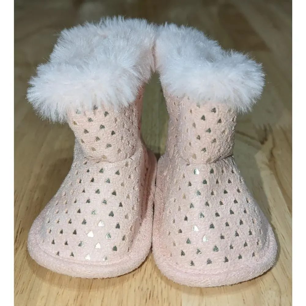 First Steps Baby Bootie Slippers Girls 3-6M Pink Fluffy Faux Fur Bow Cozy Shoes